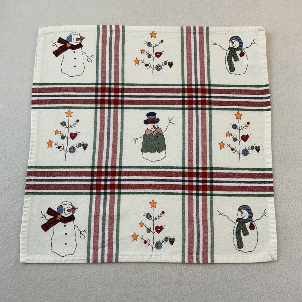 St Nicholas Square Snowman Plaid Cotton Napkins Set of 9 White Red Green Holiday